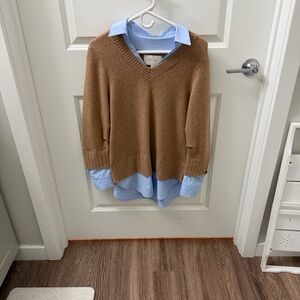 Brochu Walker Tan V-Neck Sweater with Blue Shirt